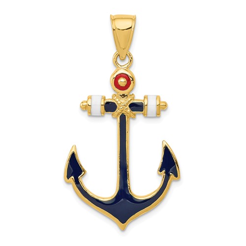 14k Yellow Gold Red White and Blue Enamel Anchor Pendant 1.25in