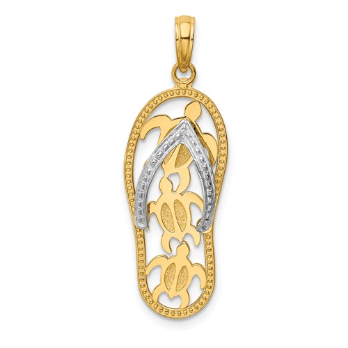14k Two-tone Gold Flip Flop Pendant with Sea Turtles 1in