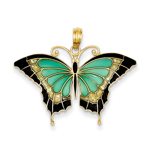 14k Yellow Gold Aqua Green Black Acrylic Butterfly Pendant 1in