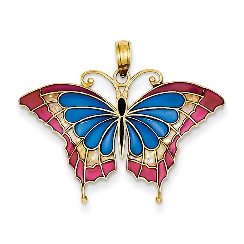 14k Yellow Gold Blue Red Acrylic Butterfly Pendant 1in