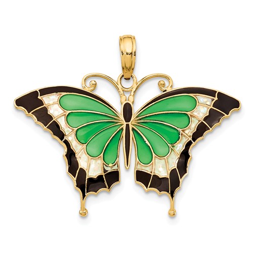 14k Yellow Gold Green Black Enamel Butterfly Pendant