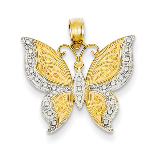 14kt Yellow Gold 3/4in Textured Beaded Butterfly Pendant