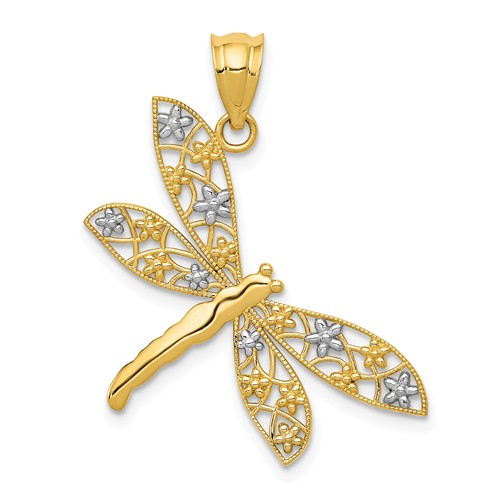 14k Yellow Gold Polished Dragonfly Pendant with Rhodium 1in