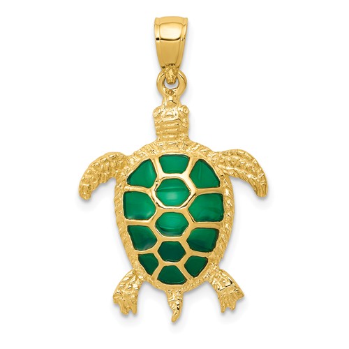14k Yellow Gold Sea Turtle Pendant with Green Acrylic 7/8in