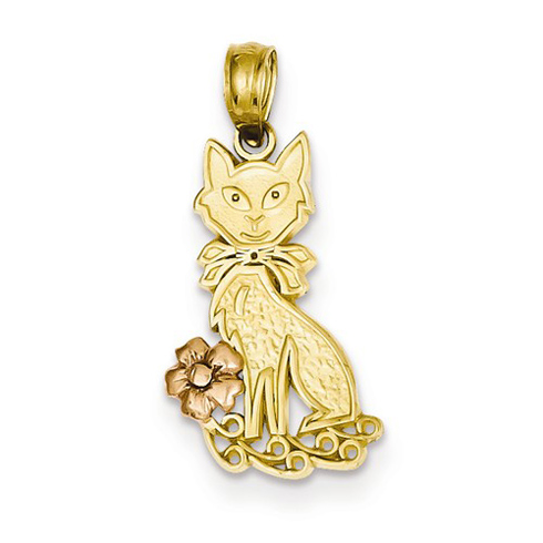 14k Yellow and Rose Gold 3/4in Cat and Flower Pendant