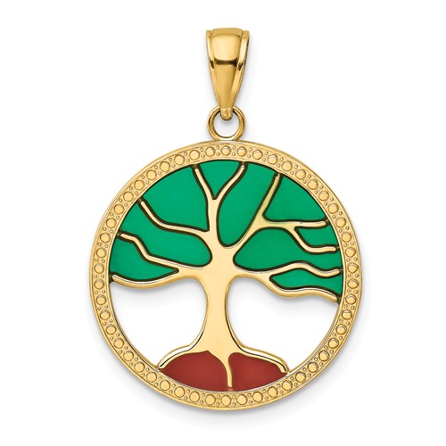 14k Yellow Gold Enameled Tree Of Life Pendant 3/4in