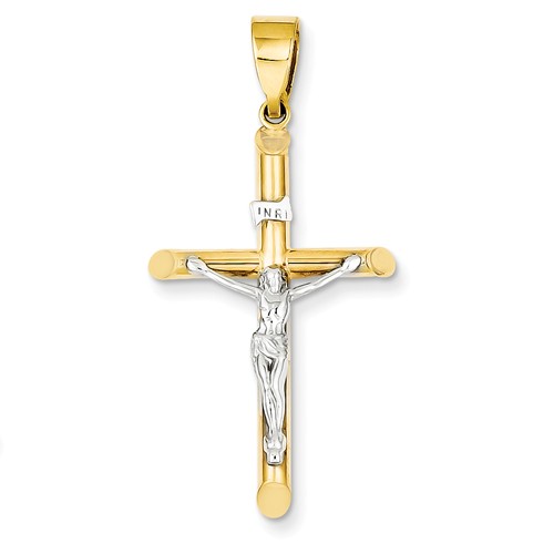 14k Two-tone Gold Hollow INRI Crucifix Pendant 1 1/4in