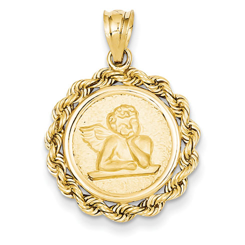 14k Yellow Gold Satin Angel Charm with Rope Border 11/16in