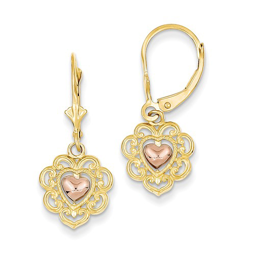 14kt Two-tone Gold Heart with Lace Leverback Earrings