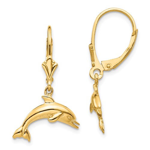 14k Yellow Gold Dolphin Leverback Earrings with Polished Finish