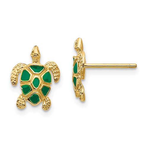 14k Yellow Gold Sea Turtle Earrings with Green Enamel 3/8in