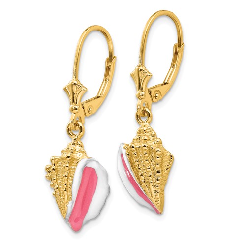 14k Yellow Gold Pink Enamel Conch Shell Leverback Earrings