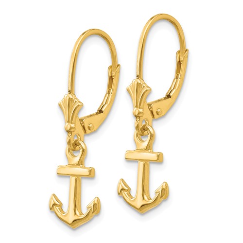 14k Yellow Gold Small Anchor Leverback Earrings
