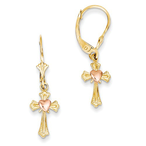 14kt Two-tone Gold Heart and Cross Leverback Earrings