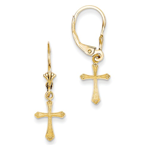 14k Yellow Gold Scroll Cross Leverback Earrings