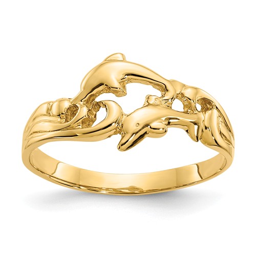 14k Yellow Gold Dolphins With Waves Ring K4551 | Joy Jewelers