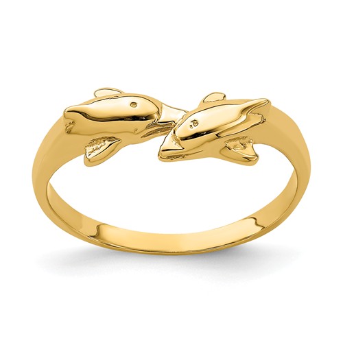 14k Yellow Gold Kissing Dolphins Ring K4554 | Joy Jewelers