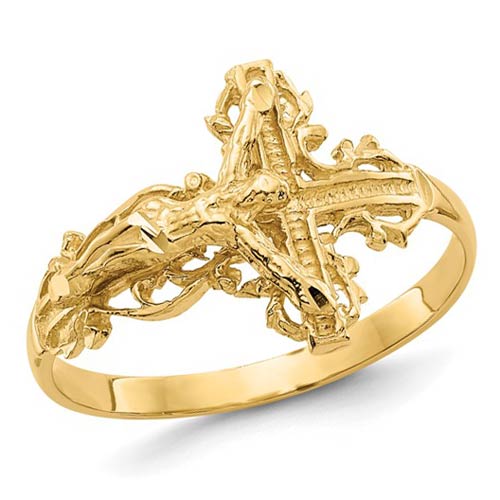 14k Yellow Gold Ornate Diamond-cut Crucifix Ring