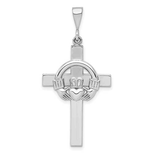 14k White Gold 1 1/8in Claddagh Cross Pendant