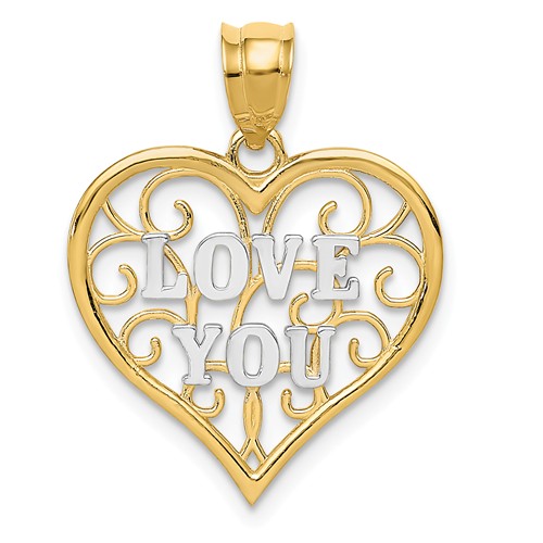 14k Yellow Gold Love You Heart Pendant with Filigree Design 5/8in