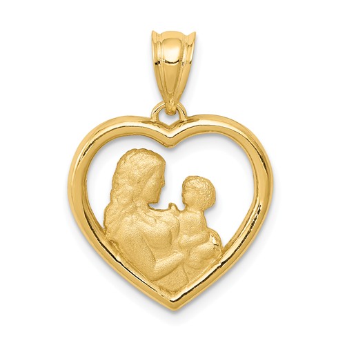 14k Yellow Gold Mom and Baby Heart Pendant 5/8in