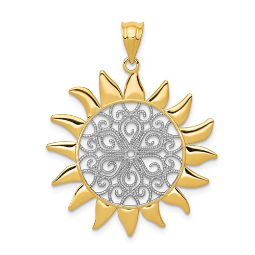14k Yellow Gold and Rhodium Filigree Sun Pendant 1in