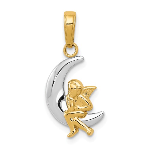 14k Two-Tone Gold 3/4in Angel and Crescent Moon Pendant