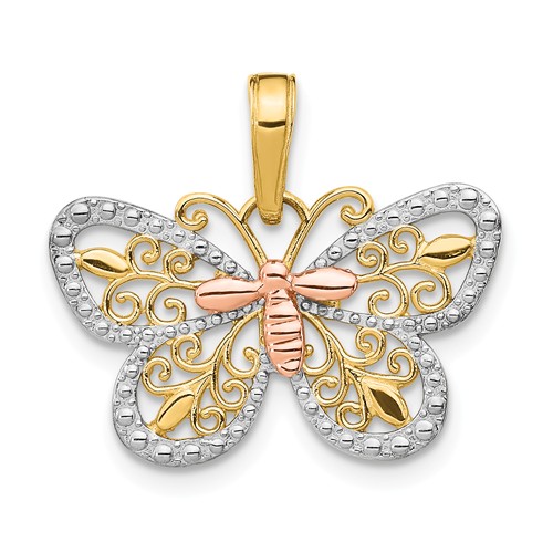 14k Yellow and Rose Gold Rhodium Butterfly Pendant with Bead Accents