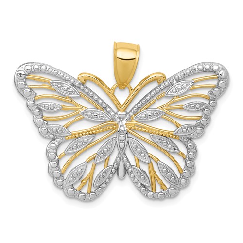 14k Yellow Gold Rhodium Ornate Butterfly Pendant 3/4in