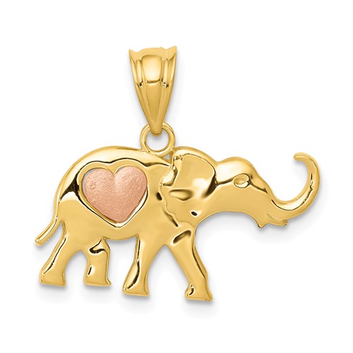 14k Yellow Gold Elephant Pendant with Rose Gold Heart