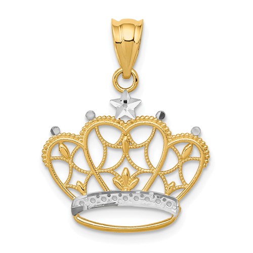 14k Yellow Gold and Rhodium Crown Charm with Star Accent 5/8in