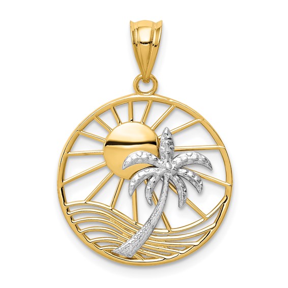 14kt Two-tone Gold 3/4in Sun and Palm Tree Pendant