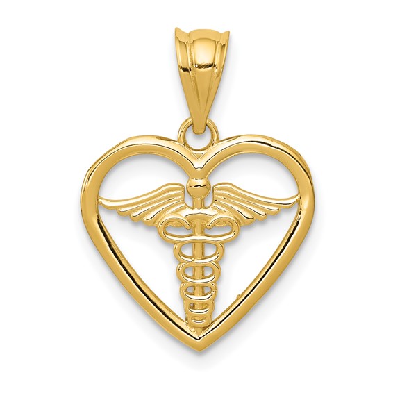14kt Yellow Gold 5/8in Caduceus Heart Pendant