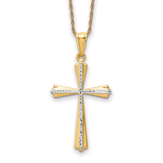 14k Two-tone Gold Diamond-cut Tapered Cross Necklace