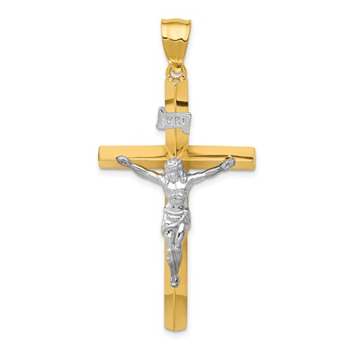 14k Two-tone Gold INRI Hollow Beveled Crucifix Pendant 1.75in