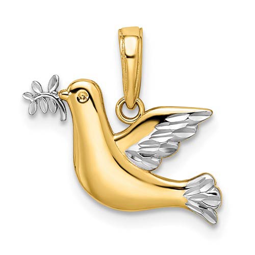 14k Yellow Gold Rhodium Small Dove Pendant with Olive Branch