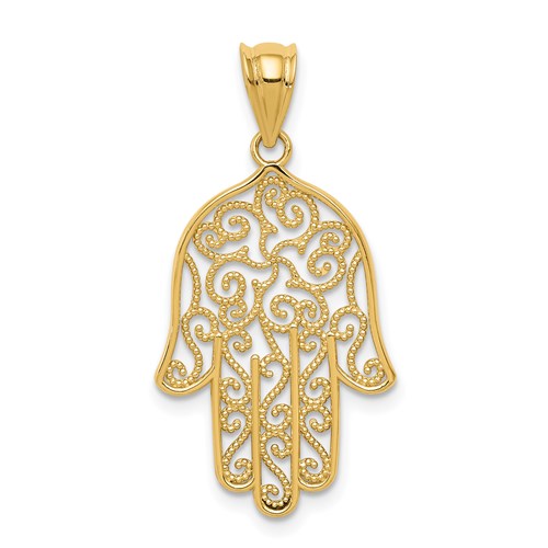 14k Yellow Gold Filigree Hamsa Pendant 7/8in