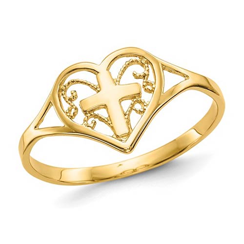 14k Yellow Gold Open Heart with Cross Ring