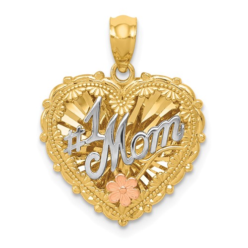 14k Tri-Color Gold #1 Mom Heart Pendant with Flower