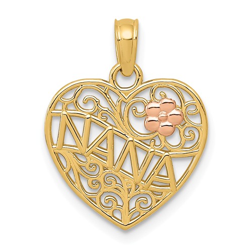 14k Two-Tone Gold Nana Heart Pendant with Flower 1/2in