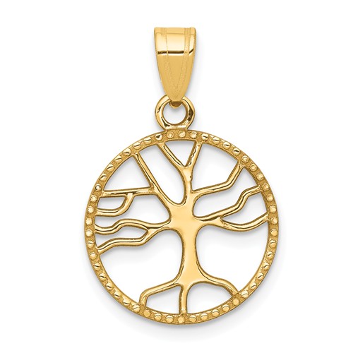 14k Yellow Gold Round Tree of Life Pendant Beaded Border 5/8in