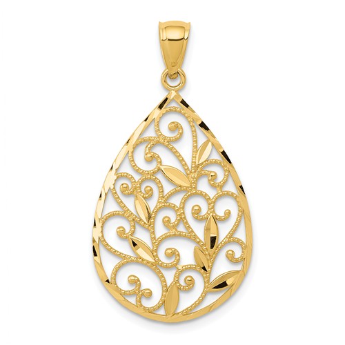 14k Yellow Gold Textured Filigree Teardrop Pendant 1in