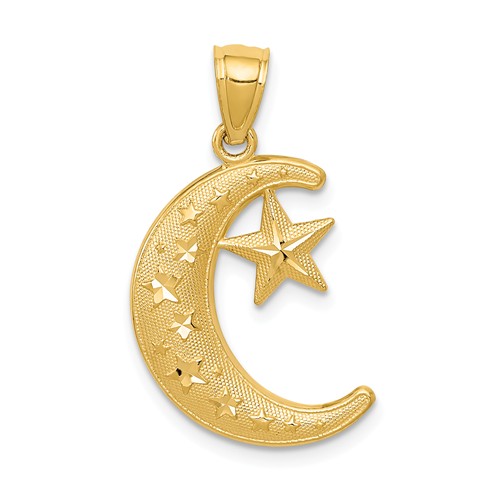 14k Yellow Gold Crescent Moon and Stars Pendant 3/4in