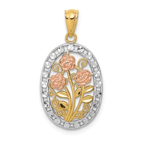 14k Two-tone Gold Rhodium Oval Three Roses Pendant 3/4in