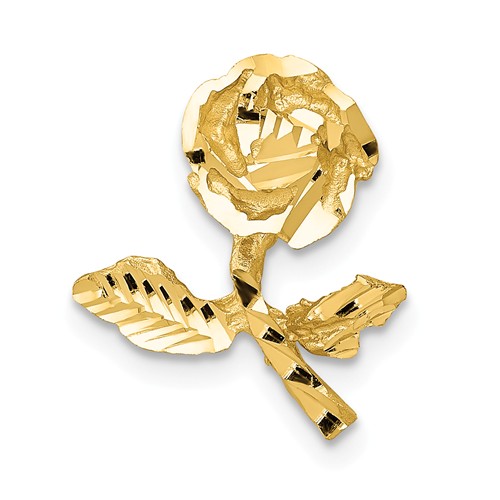 14k Yellow Gold Small Diamond-cut Rose with Leaves Pendant Slide