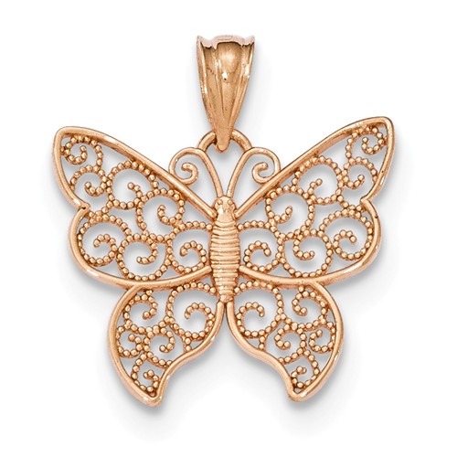 14k Rose Gold Filigree Butterfly Pendant 3/4in