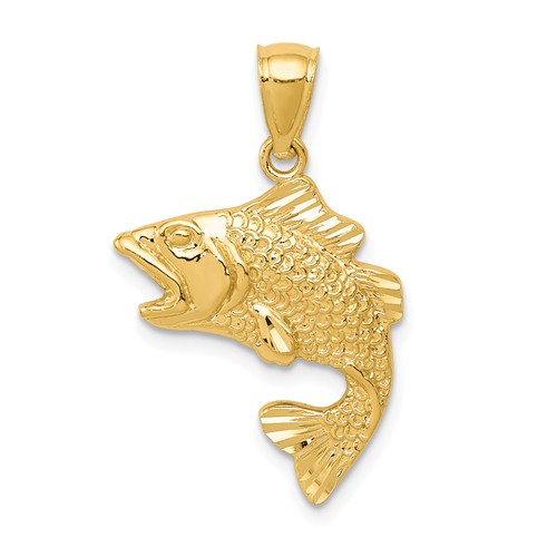 14k Yellow Gold Textured Bass Fish Pendant 3/4in