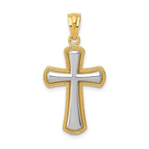 14k Yellow Gold & Rhodium Crusader Cross Pendant with Grooved Ends 1in