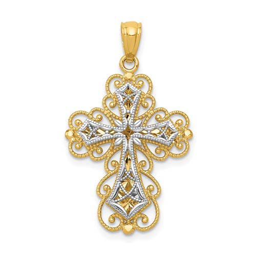14k Two-tone Gold Filigree Cross Pendant with Two Levels 7/8in
