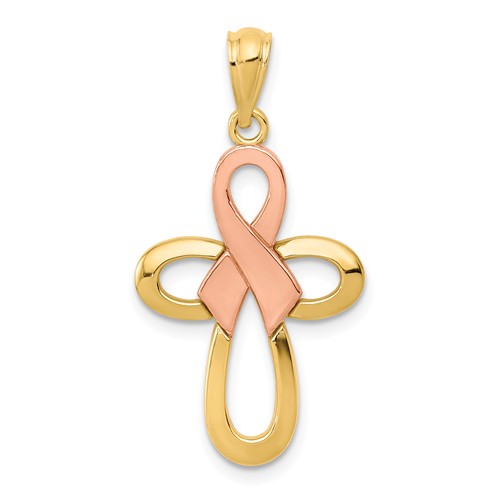 14k Yellow and Rose Gold Cross Ribbon Pendant 7/8in